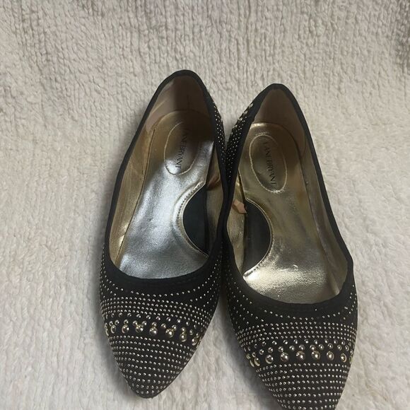 Lane Bryant synthetic Black suede Slip on Flats  gold tone studded accents SZ11W - Picture 3 of 9